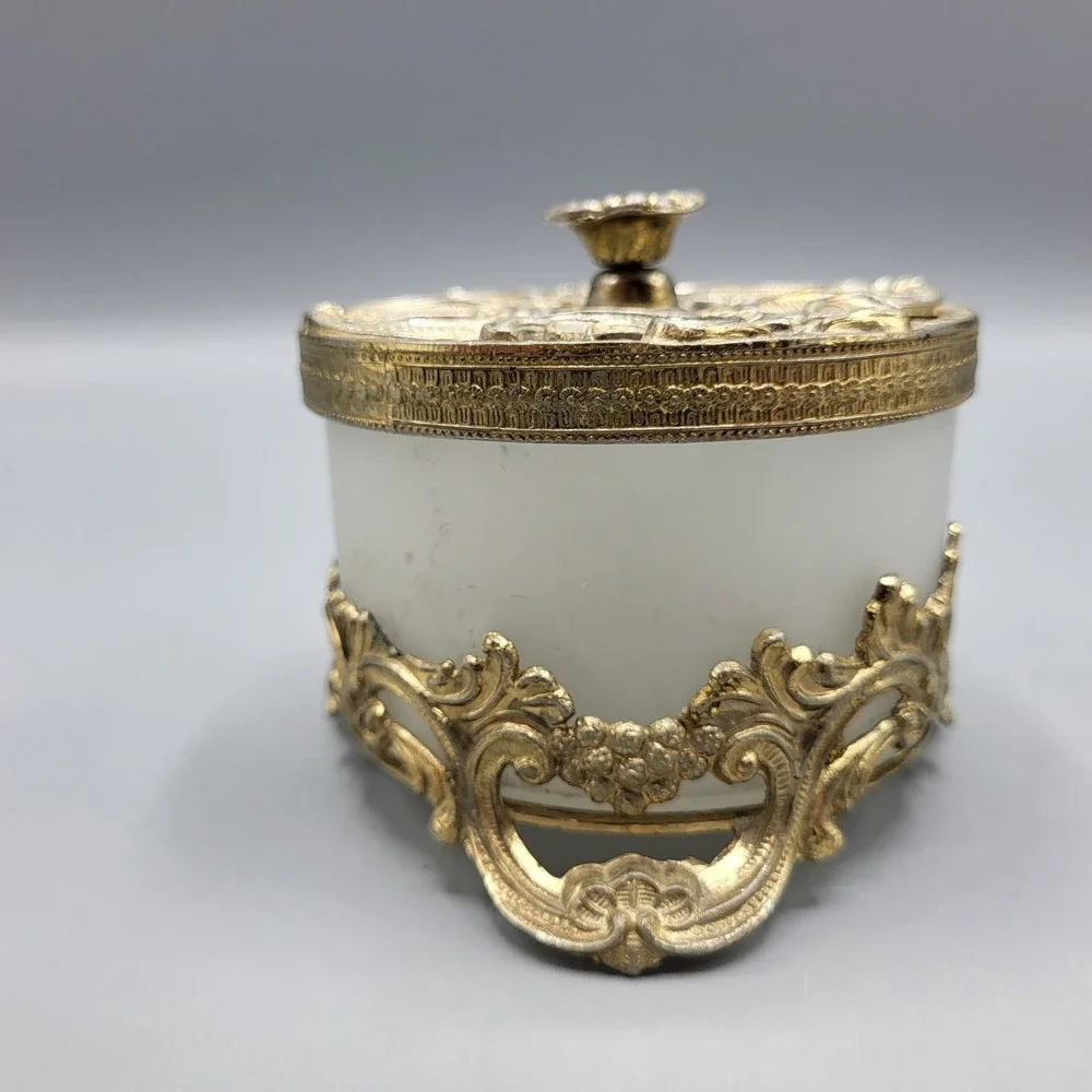 Vintage French Ormulo Trinket Box Vanity Jar Gold Filigree Frosted Glass Footed